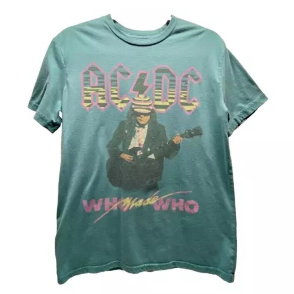 AC/DC Who Made‎ Who Print Shirt Adult Small Aqua Multicolor 80’s Retro Logo Tee